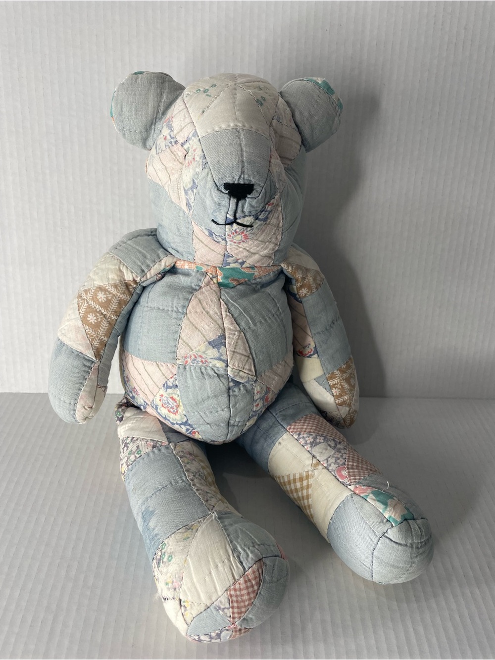 Vintage Patchwork Quilt Teddy Bear 17” Pastel Blue Pink Gingham Cottagecore